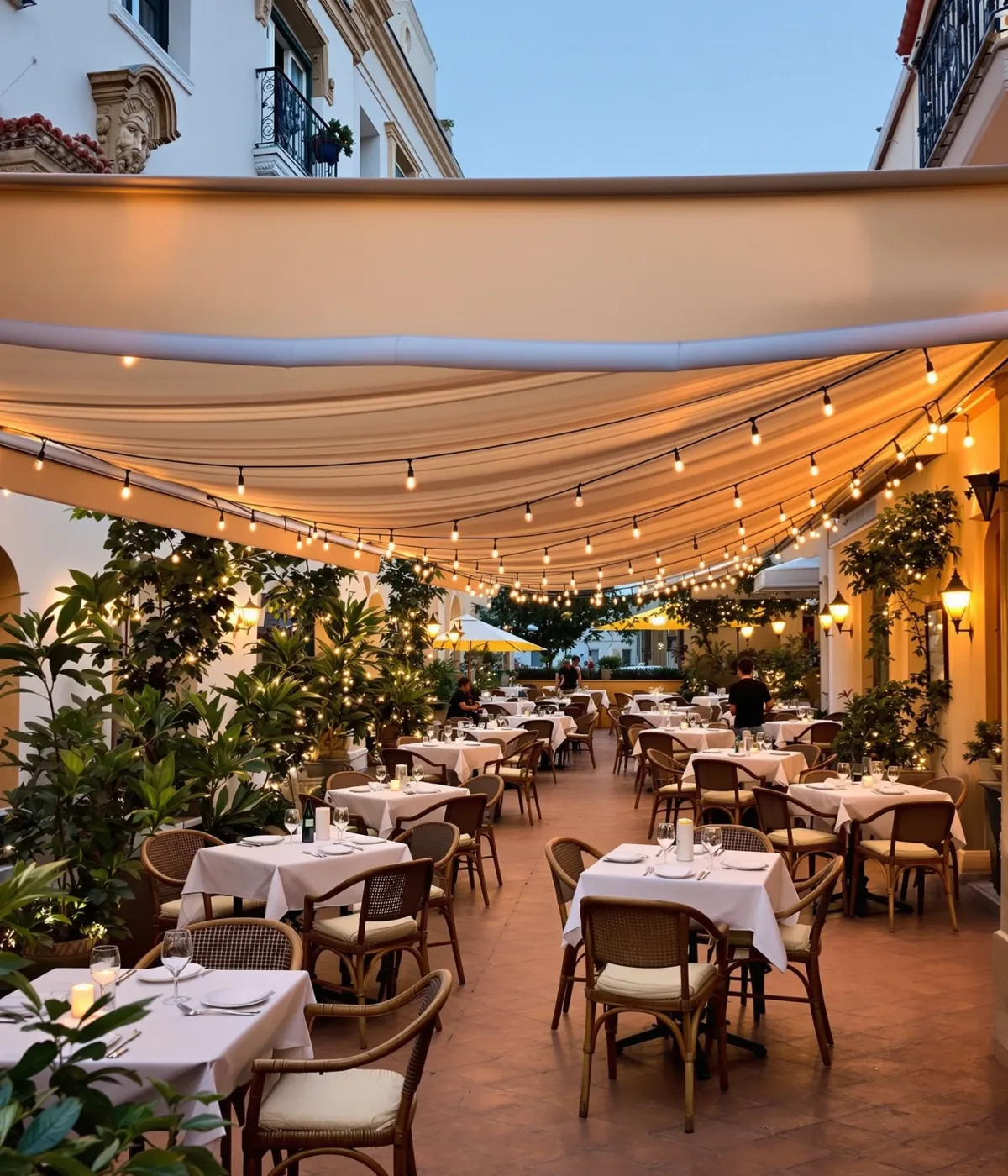 Toldos para hostelería en Málaga Terraza de restaurante con toldos en Málaga
