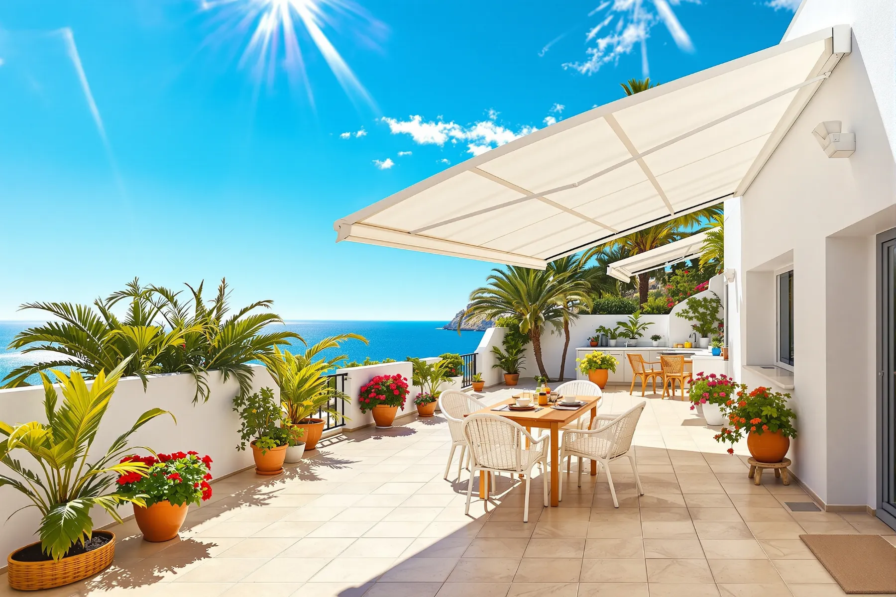Toldos Málaga - Expertos en reparación e instalación de toldos Terraza mediterránea con toldo en Málaga - Reparación e instalación de toldos