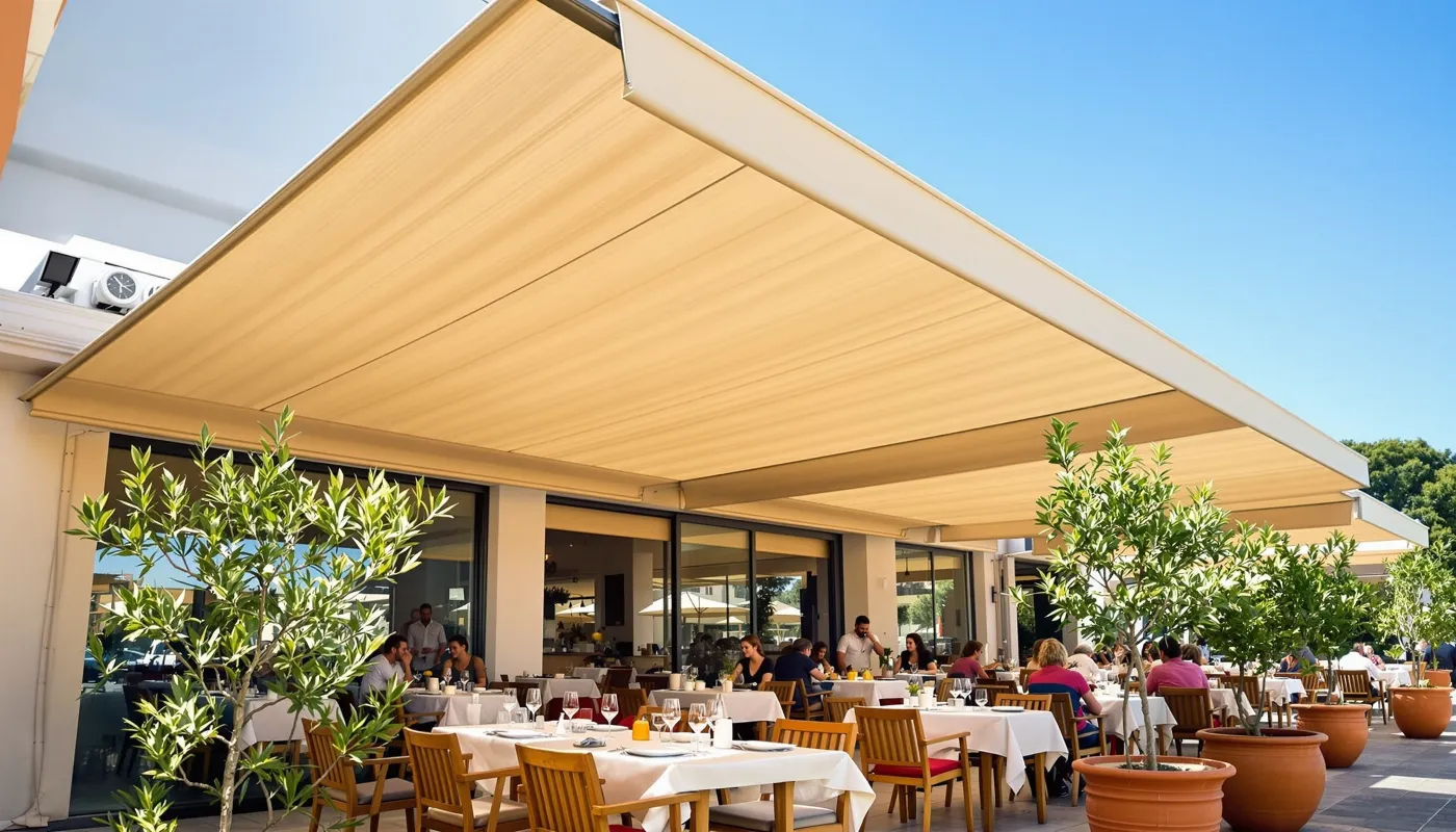 Toldos para hostelería en Málaga - Terrazas sombreadas Terraza de restaurante con toldos en Málaga